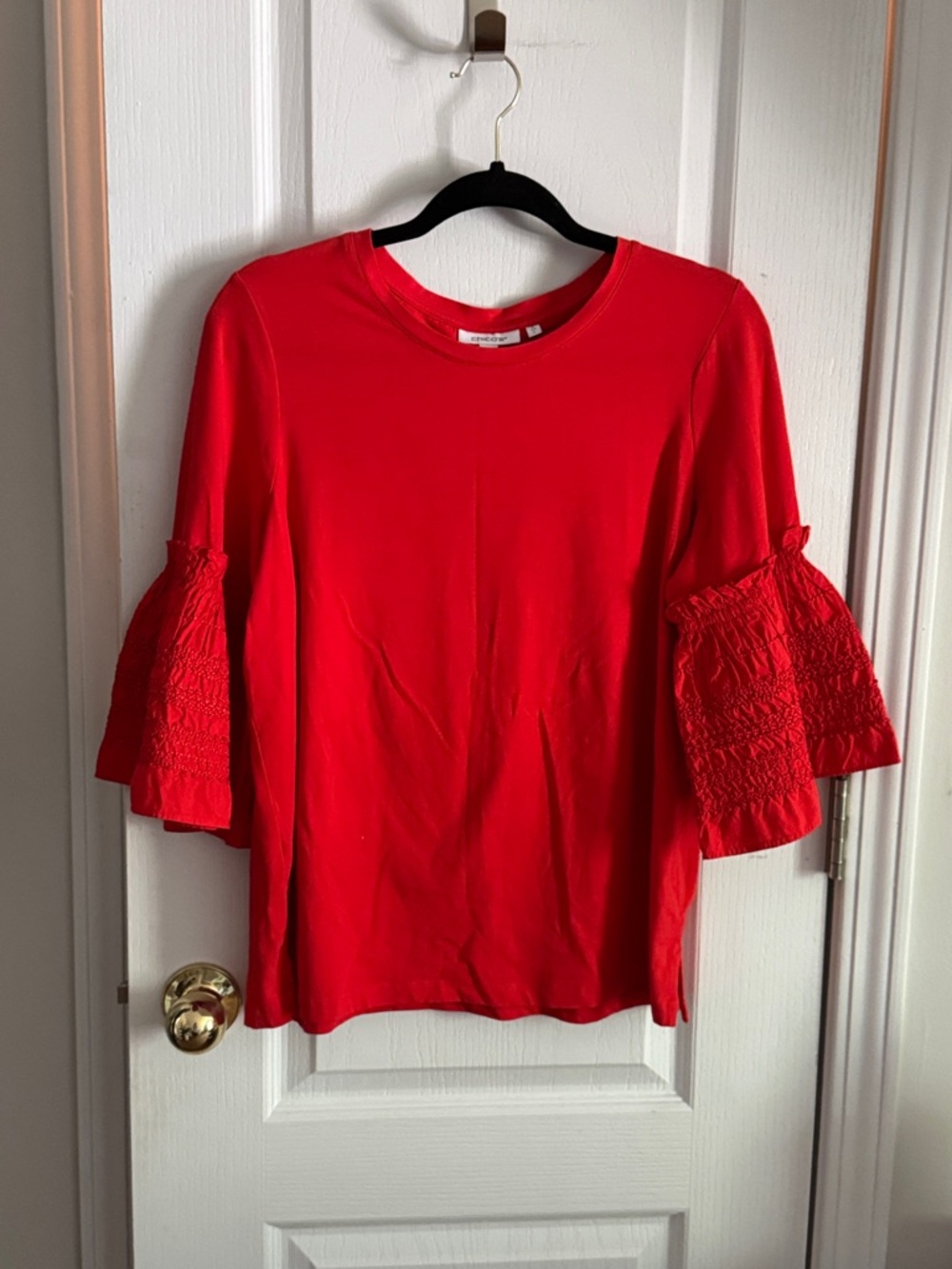 Chico's Bright Red Smocked Bell Sleeve Tee